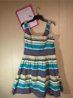 Striped Sleeveless Casual Dress in Teal, Navy & Cream